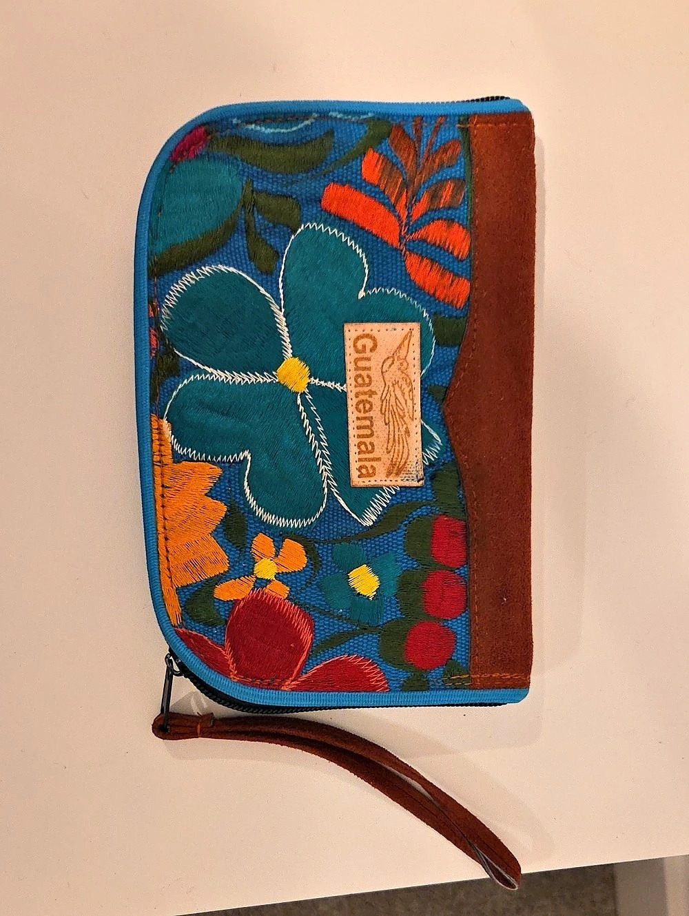 Guatemalan Floral Embroidered Wristlet Wallet Blue & Brown